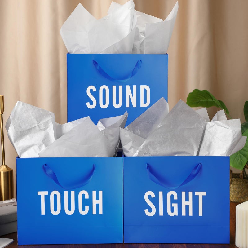 Kolldenn 5 Senses Gift Bags for Him and Her Five Senses Gift Bag with Ribbon Handles and Tissue Paper Present Wrappings for Valentine Wedding Birthday Mothers Day(Blue Silver,11.8 x 10 x 4 Inch) - Image 3
