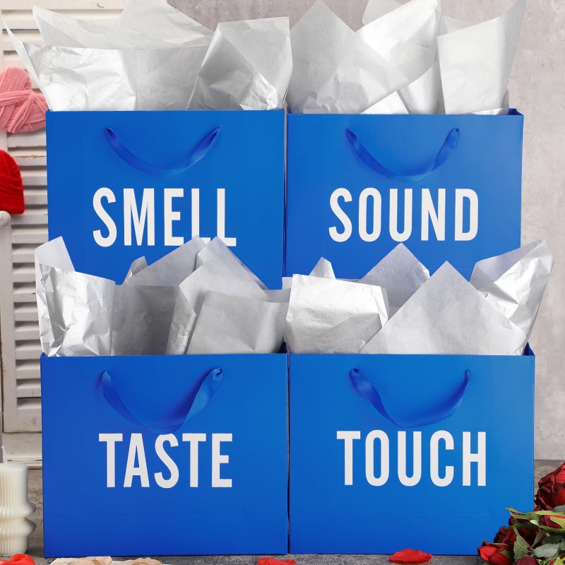 Kolldenn 5 Senses Gift Bags for Him and Her Five Senses Gift Bag with Ribbon Handles and Tissue Paper Present Wrappings for Valentine Wedding Birthday Mothers Day(Blue Silver,11.8 x 10 x 4 Inch) - Image 4