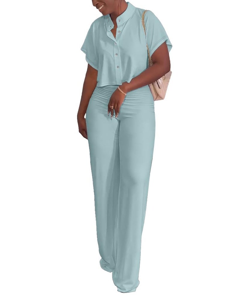 HBQ Women's Summer 2 Piece Outfits Casual Tracksuit Short Sleeve Button Down Crop Top Wide Leg Long Pant Lounge Sets-L-Light Blue - Image 2