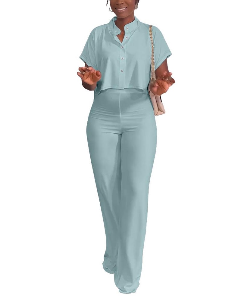 HBQ Women's Summer 2 Piece Outfits Casual Tracksuit Short Sleeve Button Down Crop Top Wide Leg Long Pant Lounge Sets-L-Light Blue - Image 4