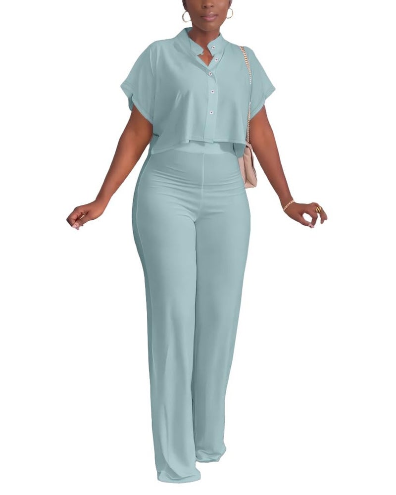HBQ Women's Summer 2 Piece Outfits Casual Tracksuit Short Sleeve Button Down Crop Top Wide Leg Long Pant Lounge Sets-L-Light Blue - Image 1