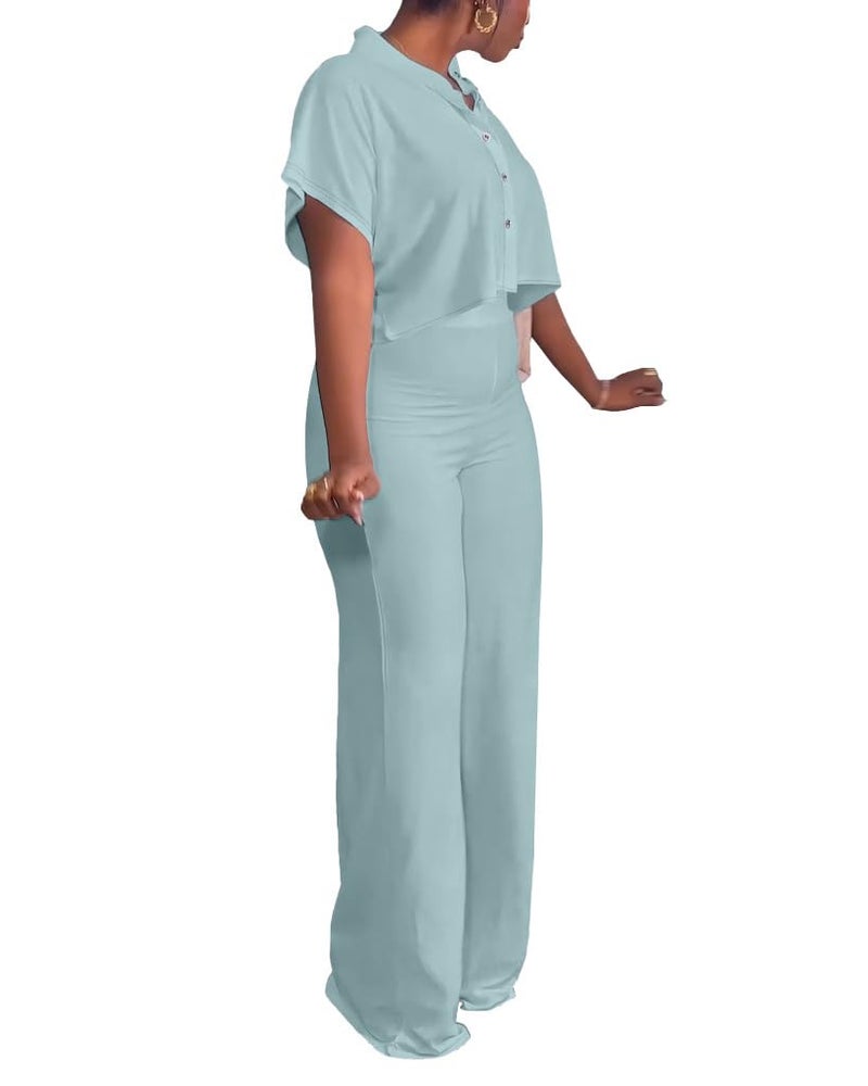 HBQ Women's Summer 2 Piece Outfits Casual Tracksuit Short Sleeve Button Down Crop Top Wide Leg Long Pant Lounge Sets-L-Light Blue - Image 3