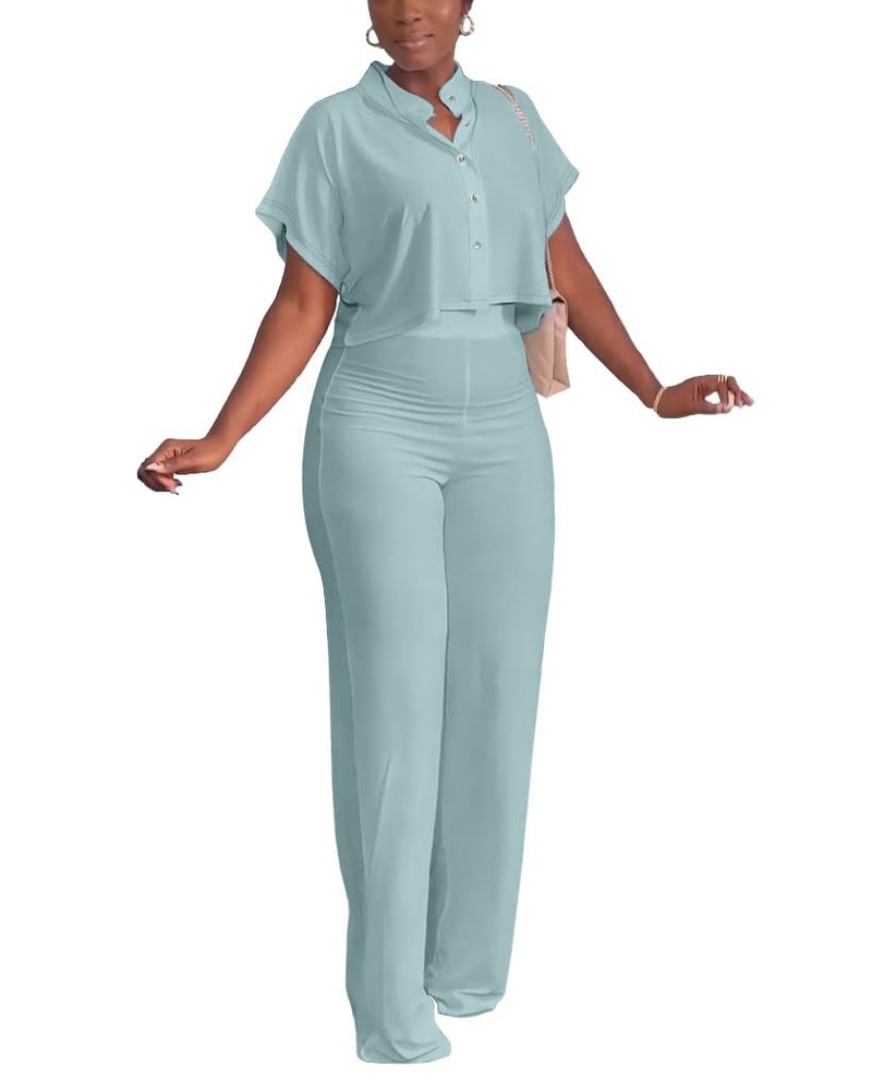 HBQ Women's Summer 2 Piece Outfits Casual Tracksuit Short Sleeve Button Down Crop Top Wide Leg Long Pant Lounge Sets-L-Light Blue - Image 5