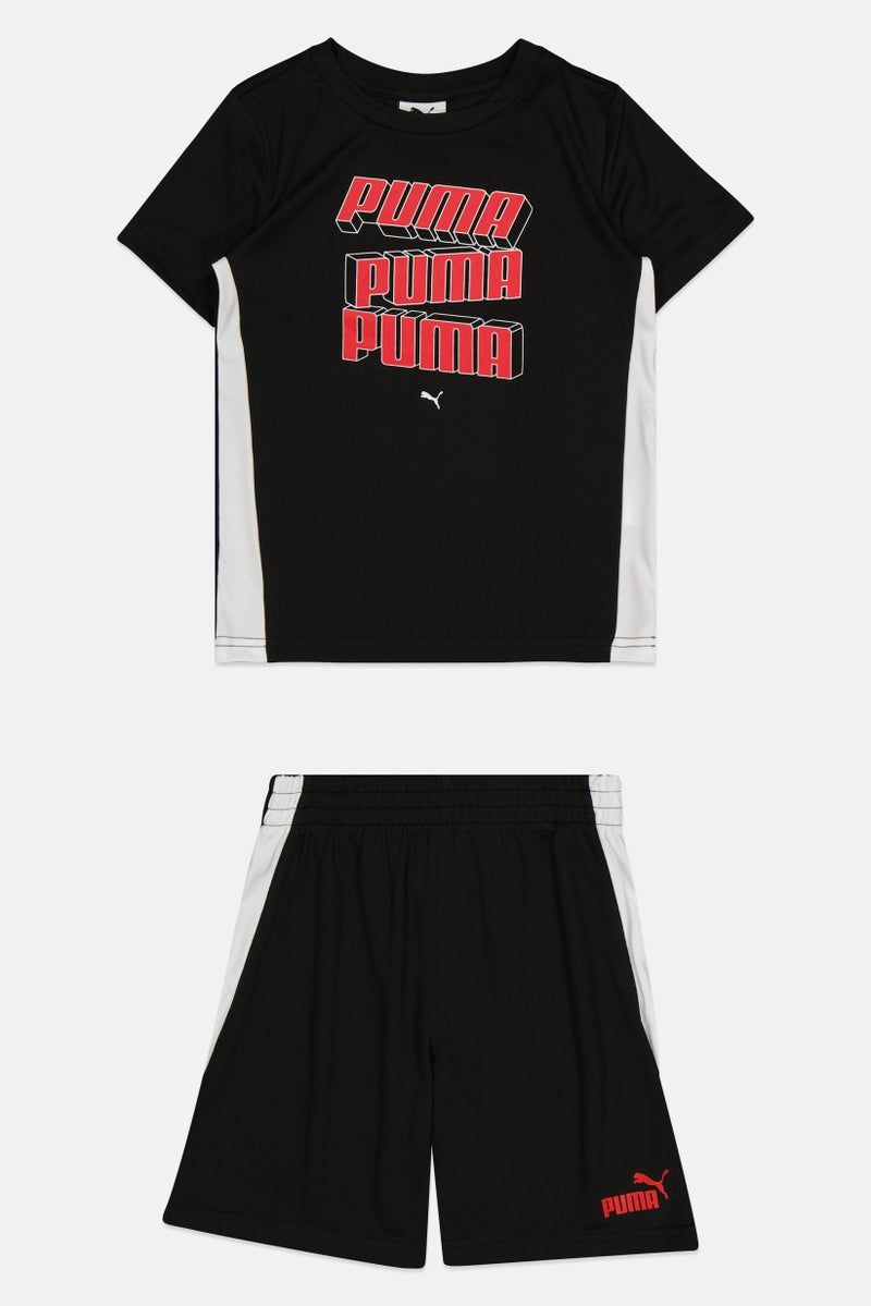 PUMA Kids Boy 2 Pcs Sportswear Fit Short Sleeve Top And Bottom Outdoor Set, Black - Image 2
