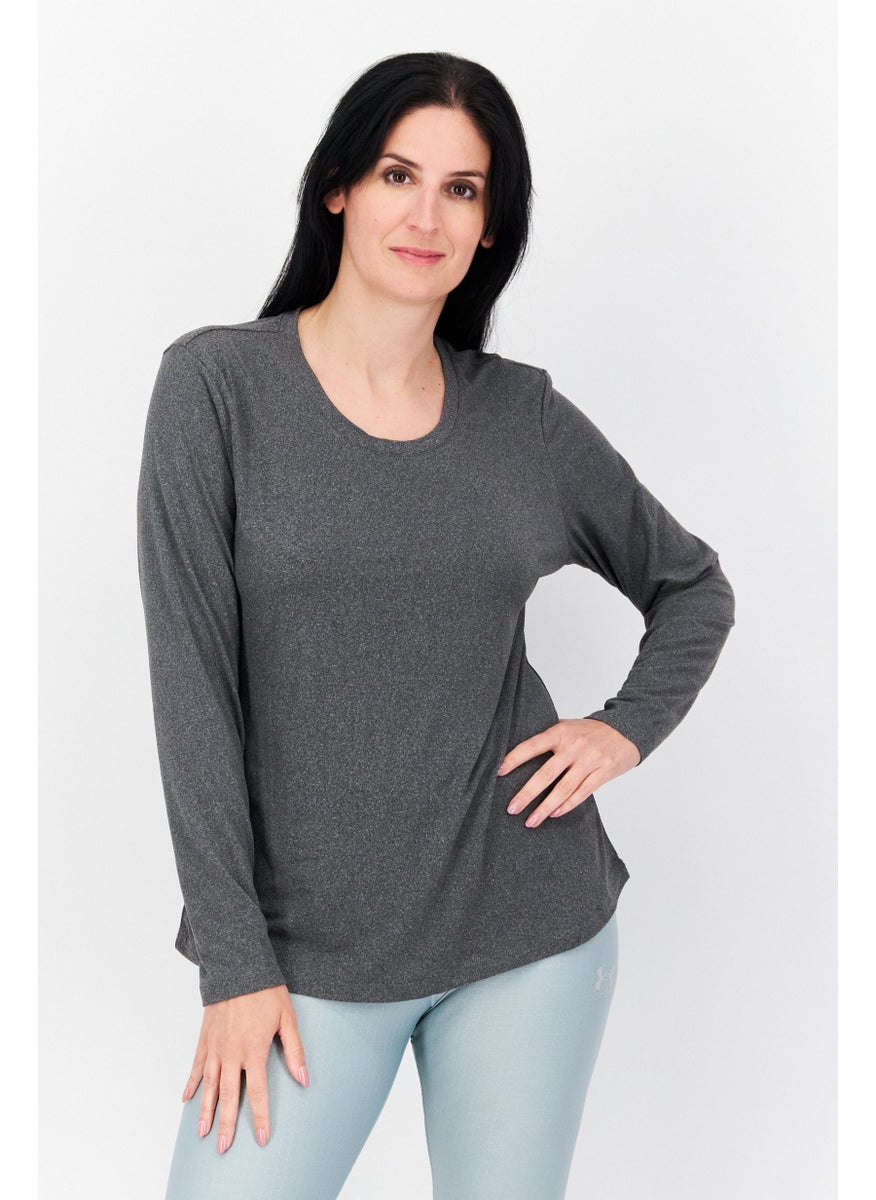 Fit Collective - Women Round Neck Long Sleeve  Plain T-Shirt, Dark Grey - Image 1
