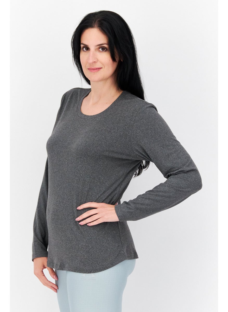 Fit Collective - Women Round Neck Long Sleeve  Plain T-Shirt, Dark Grey - Image 1