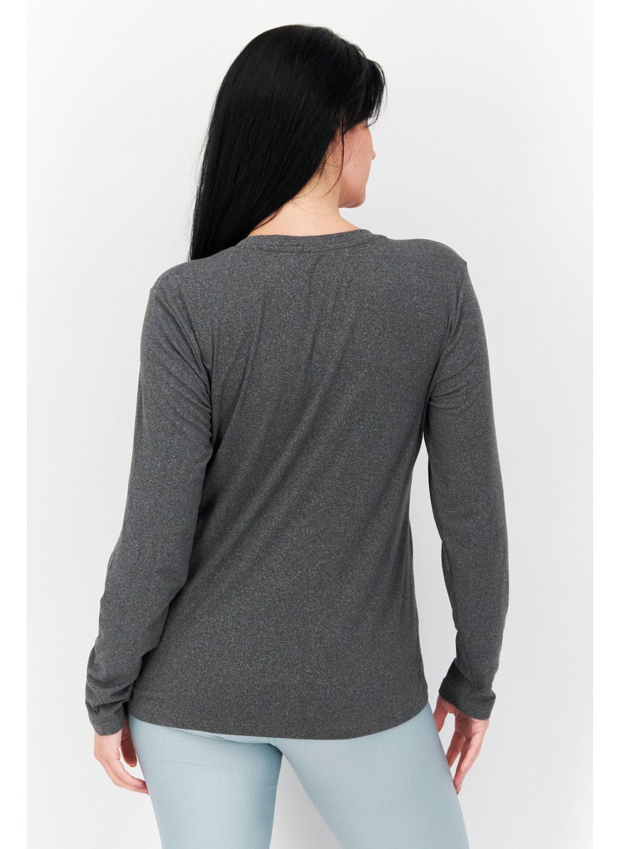 Fit Collective - Women Round Neck Long Sleeve  Plain T-Shirt, Dark Grey - Image 1