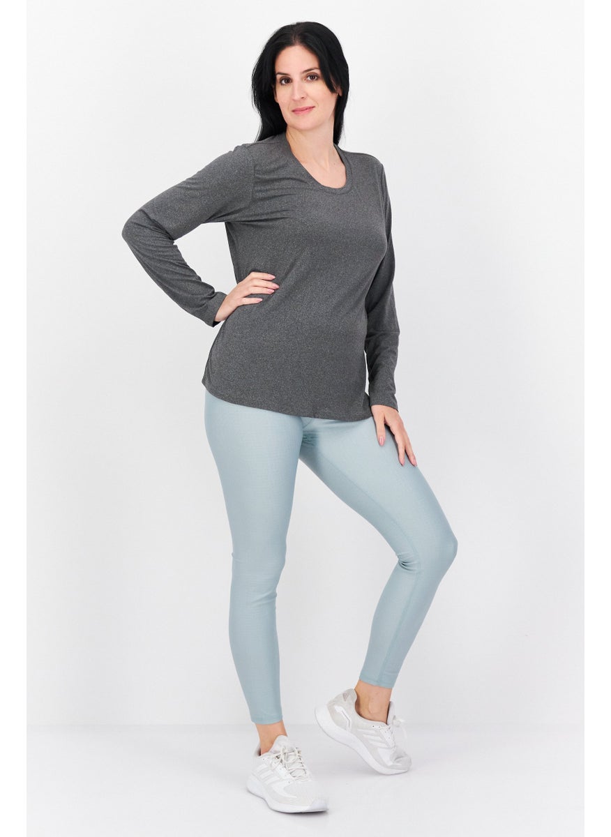 Fit Collective - Women Round Neck Long Sleeve  Plain T-Shirt, Dark Grey - Image 1