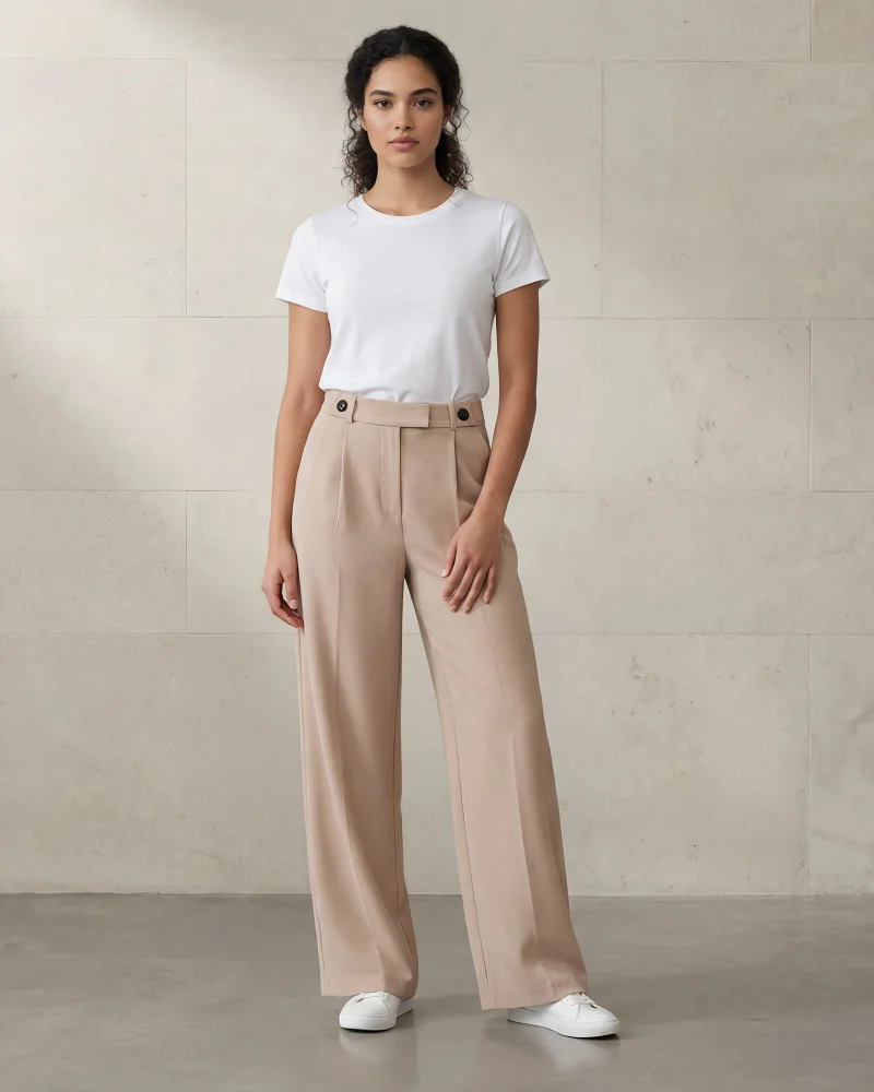 REDTAG Women Beige Pleated Wideleg Knitted Trousers