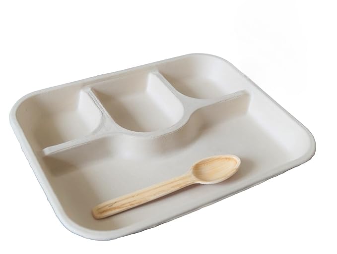 SHOP  SHOPPEE SHOP & SHOPPEE Ecofriendly 4-Compartment Disposable Meal Tray with Leaf Spoons | Sectioned Plates | Microwave Safe | Biodegradable Dinnerware for Party, Catering & Food Delivery (Pack of 50) - Image 5
