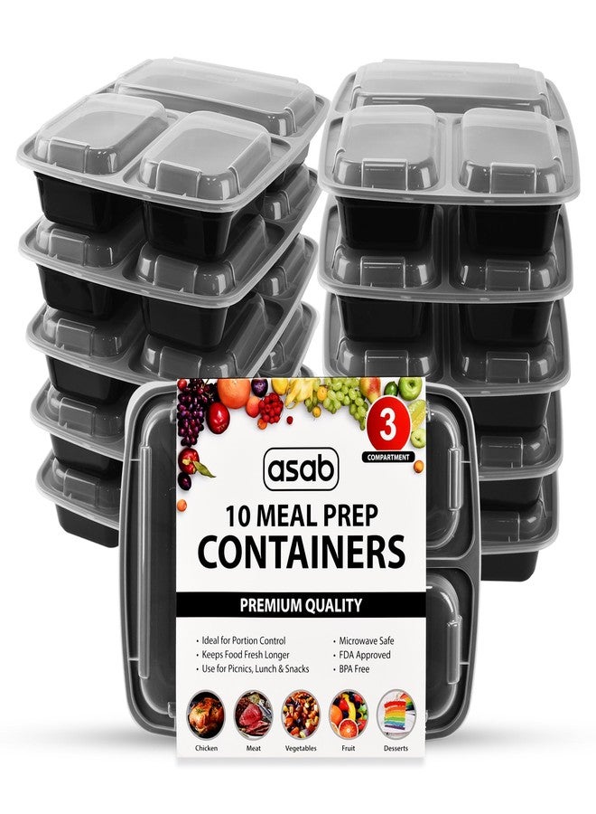 Asab 10 Meal Prep Containers - BPA Free Plastic - Microwave, Freezer and Dishwasher Safe - Reusable Takeaway Food Storage Boxes with Lids - 3 Compartments - Image 1