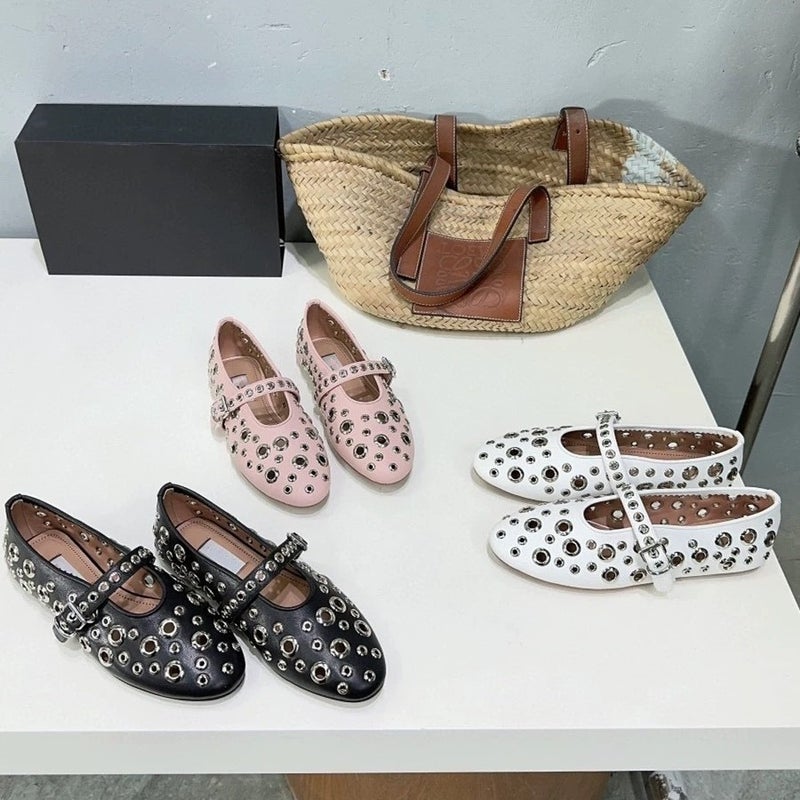 French Cut-Out Ballet Flats Mary Jane Womens Shoes White 