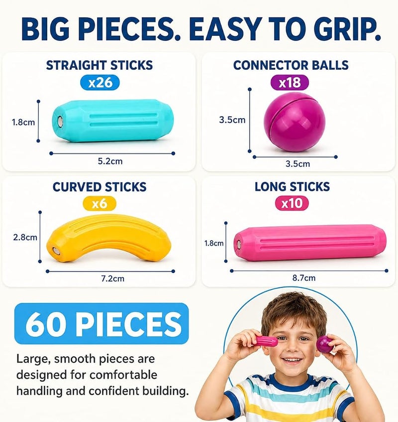 GRAFLO Magnetic Building Blocks - Magnetic Sticks and Balls Game Set 60Pcs - Construction Set, Educational, STEM Learning, Montessori Preschool Toys - Smart Magnet Construction Toy for Kids Ages 3-8 - Image 5