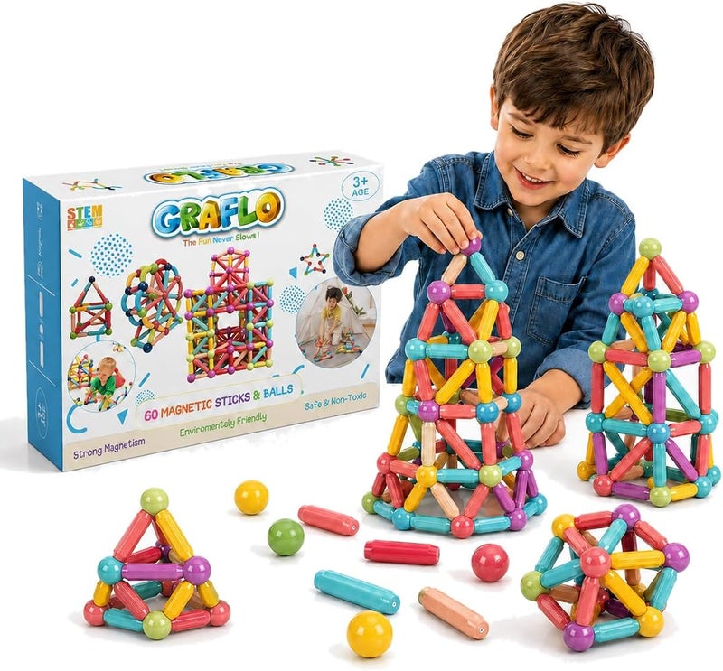 GRAFLO Magnetic Building Blocks - Magnetic Sticks and Balls Game Set 60Pcs - Construction Set, Educational, STEM Learning, Montessori Preschool Toys - Smart Magnet Construction Toy for Kids Ages 3-8 - Image 1