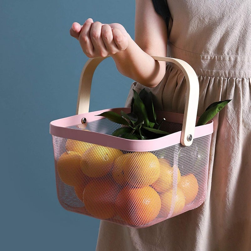 AJIODA Metal Mesh Steel Basket, Storage Organizer Basket Multi-functional Hanging Kitchen Baskets Fruit Basket Bin with Bamboo Handle for Kitchen Bathroom Picnic Shopping Decor Cabinet Home, Pink - Image 2