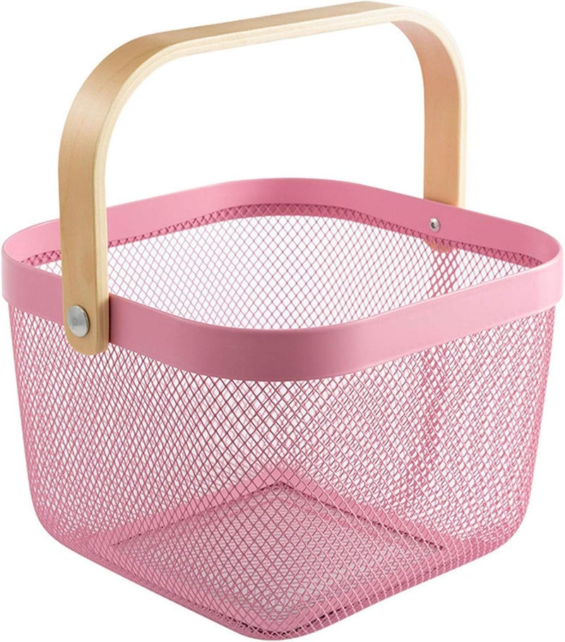 AJIODA Metal Mesh Steel Basket, Storage Organizer Basket Multi-functional Hanging Kitchen Baskets Fruit Basket Bin with Bamboo Handle for Kitchen Bathroom Picnic Shopping Decor Cabinet Home, Pink - Image 1