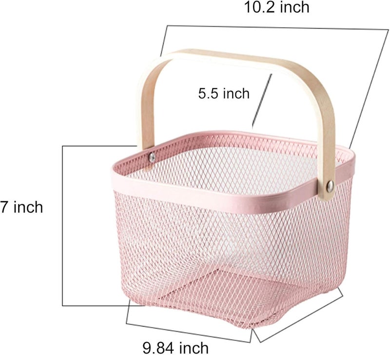 AJIODA Metal Mesh Steel Basket, Storage Organizer Basket Multi-functional Hanging Kitchen Baskets Fruit Basket Bin with Bamboo Handle for Kitchen Bathroom Picnic Shopping Decor Cabinet Home, Pink - Image 5