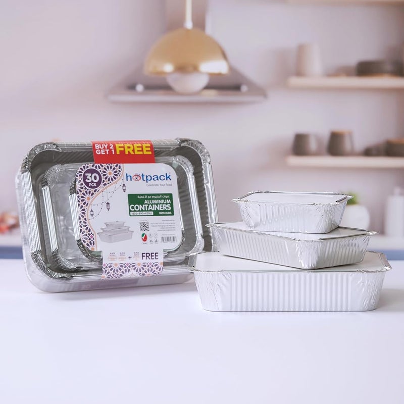 هوت باك عبوة استخدام واحدة من Hotpack؛ حاويات تخزين الطعام من الألمنيوم سعات 1850 مل + 890 مل + 420 مل، عدد 30 قطعة - Image 2