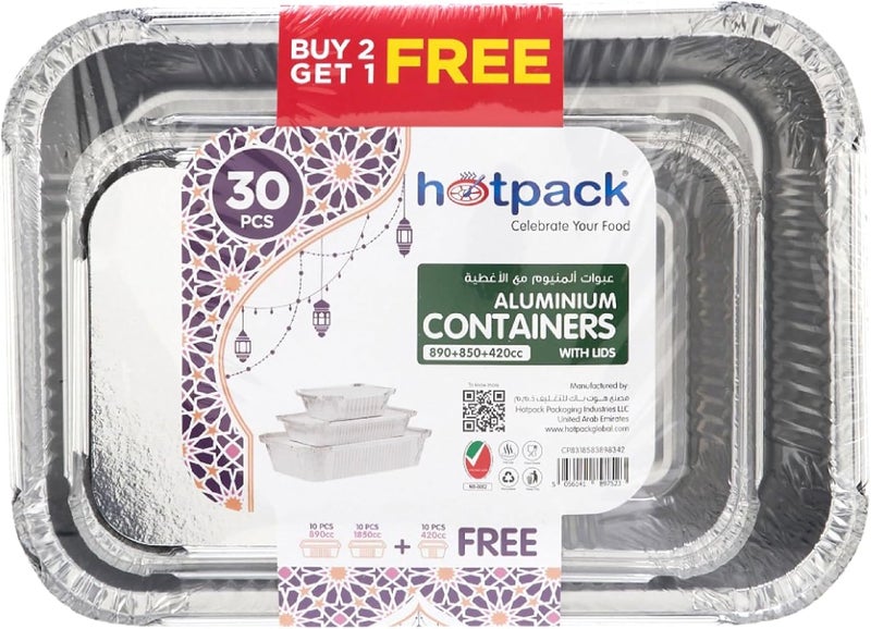 هوت باك عبوة استخدام واحدة من Hotpack؛ حاويات تخزين الطعام من الألمنيوم سعات 1850 مل + 890 مل + 420 مل، عدد 30 قطعة - Image 1