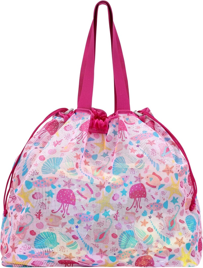 BrainyBees Mesh Beach Sand Toy Bag - Extra Large Mesh Tote Bag for Sand Toy with Drawstring, Lightweight Foldable Sand Toy Bag for Beach Travel Essentials, Seashell Rose Red - Image 1
