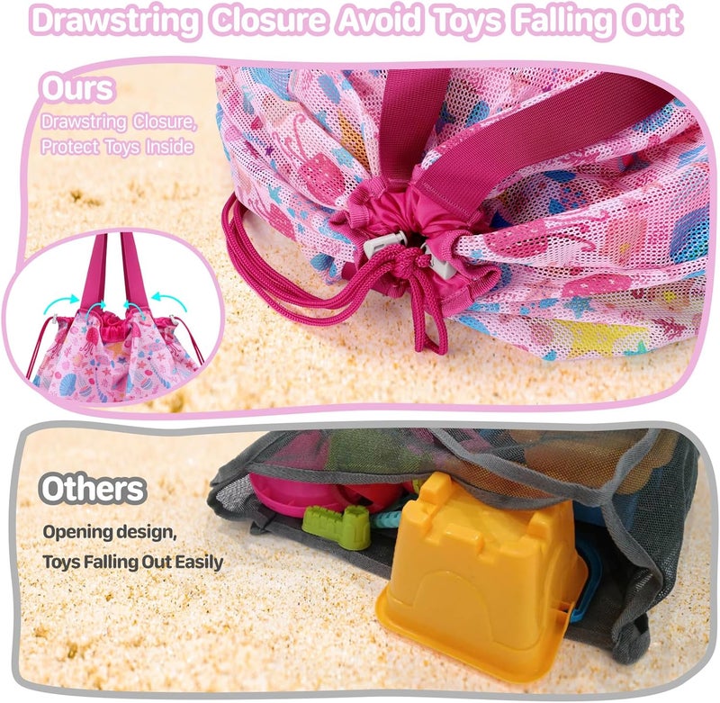 BrainyBees Mesh Beach Sand Toy Bag - Extra Large Mesh Tote Bag for Sand Toy with Drawstring, Lightweight Foldable Sand Toy Bag for Beach Travel Essentials, Seashell Rose Red - Image 4