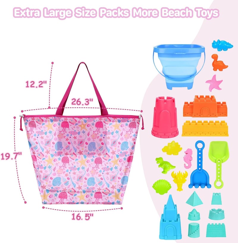 BrainyBees Mesh Beach Sand Toy Bag - Extra Large Mesh Tote Bag for Sand Toy with Drawstring, Lightweight Foldable Sand Toy Bag for Beach Travel Essentials, Seashell Rose Red - Image 3
