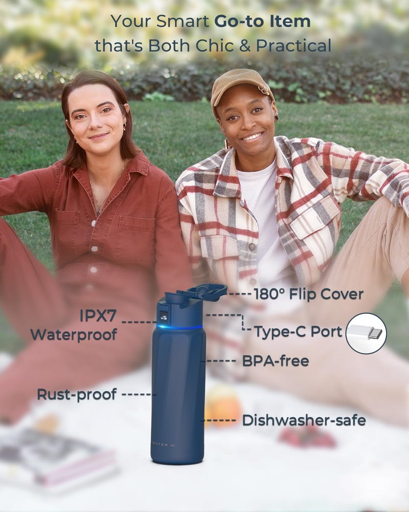 WaterH زجاجة مياه ذكية BOOST مع تذكير لشرب الماء وعداد المياه - زجاجة مياه معزولة مزدوجة الجدران من الفولاذ المقاوم للصدأ، فوهة واسعة سعة 32 أونصة، مثالية كهدية - زرقاء - Image 5