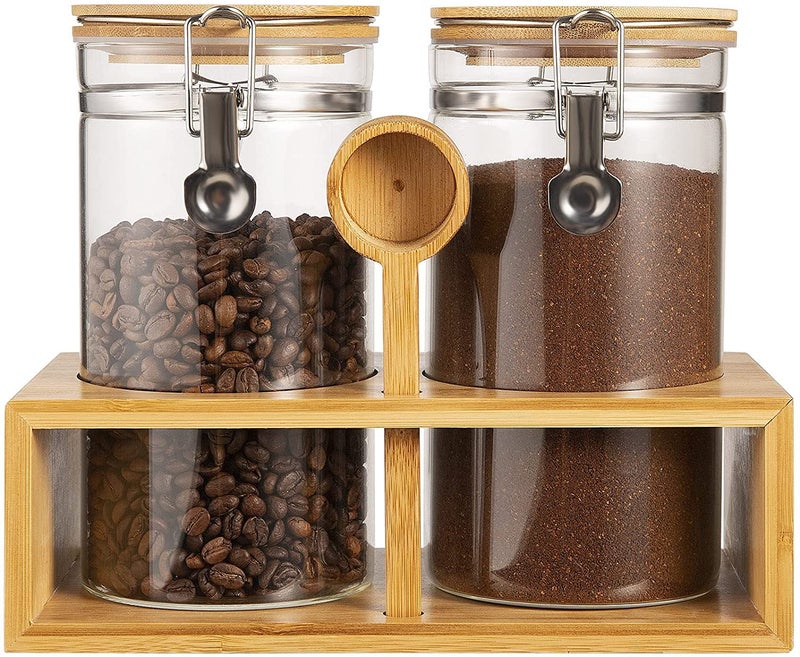 Yangbaga Ground Coffee Storage Container with Shelf, 2Ã—45OZ Glass Coffee and Sugar Container Set, Coffee Canisters with Airtight Lids and Scoop, Food Storage Jars for Kitchen,Nuts,Tea,Sugar - Image 1