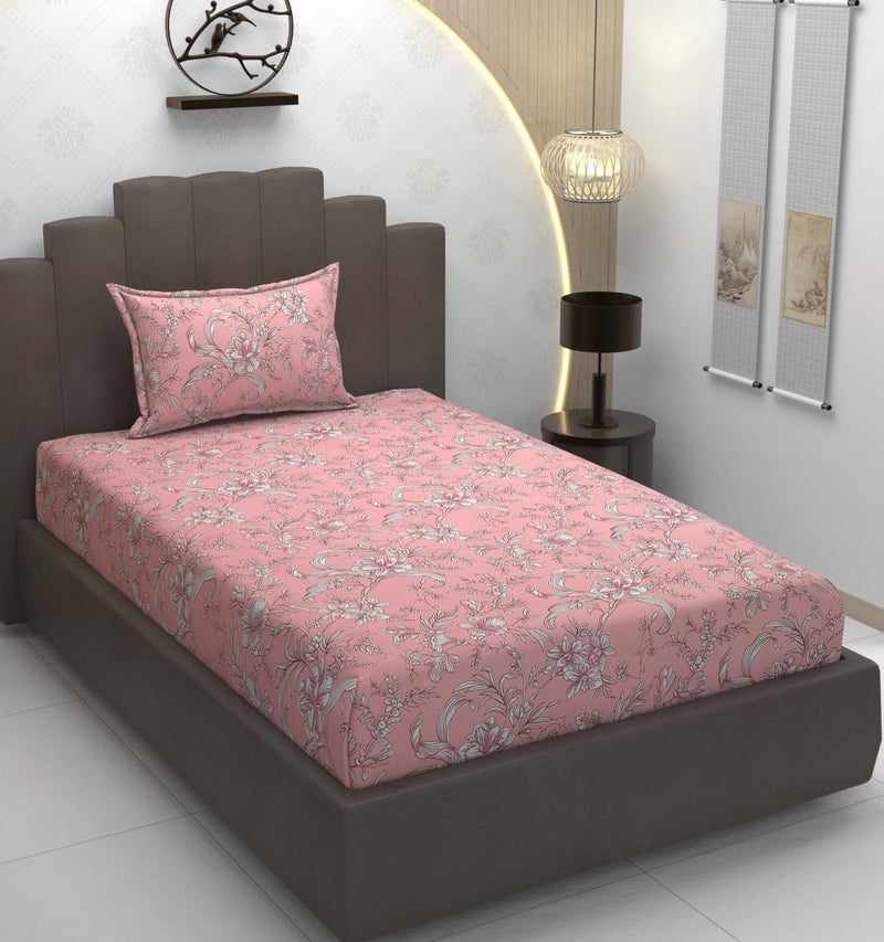 TIB Glace Cotton Elastic Fitted Bedsheets Single Bed 36x78x8 Inches with 1 Pillow Covers, 210TC (Pink Flower, Single) - Image 1