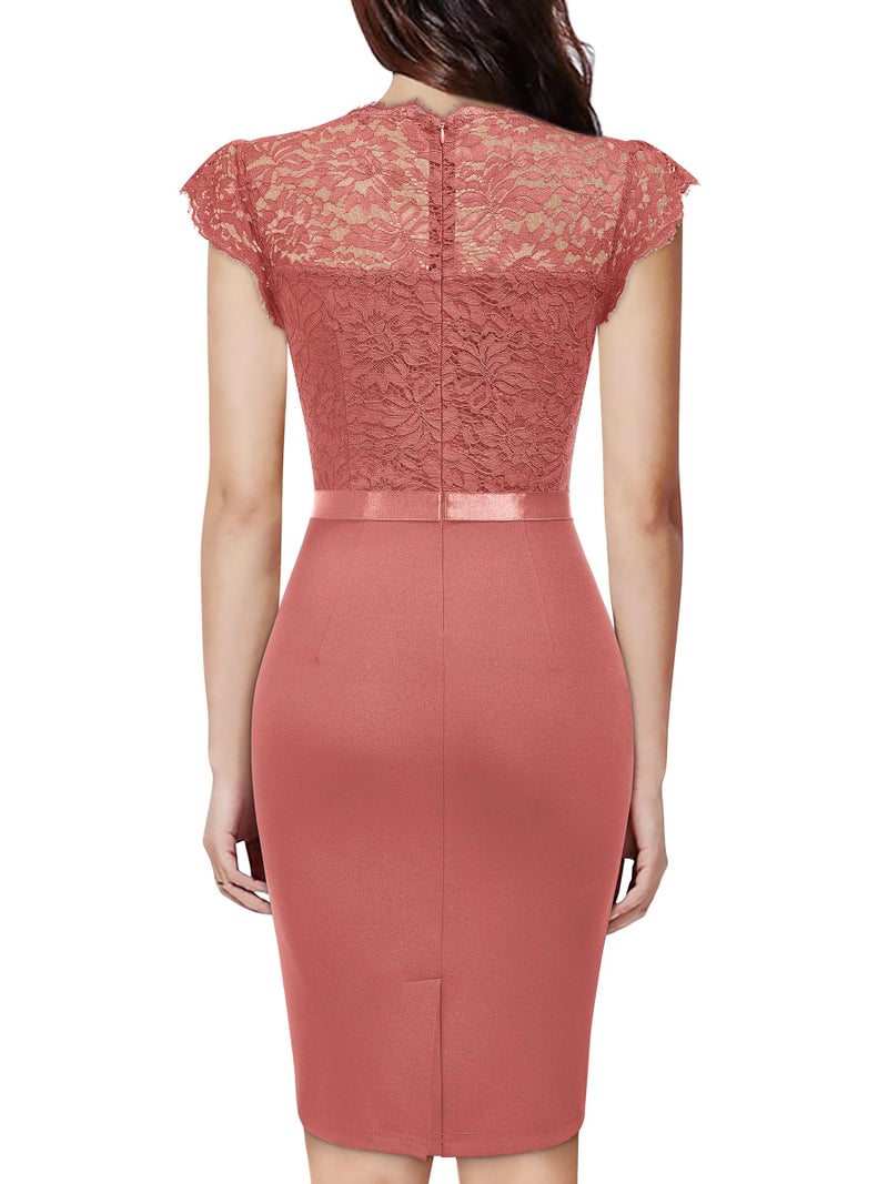 Miusol Women's Elegant Floral Lace Ruffle Design Cap Sleeve Cocktail Party Dress (Medium, Cinnamon Pink) - Image 2