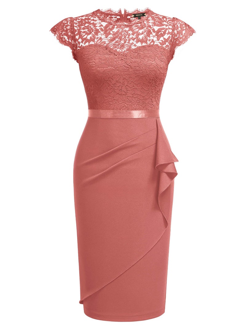 Miusol Women's Elegant Floral Lace Ruffle Design Cap Sleeve Cocktail Party Dress (Medium, Cinnamon Pink) - Image 3