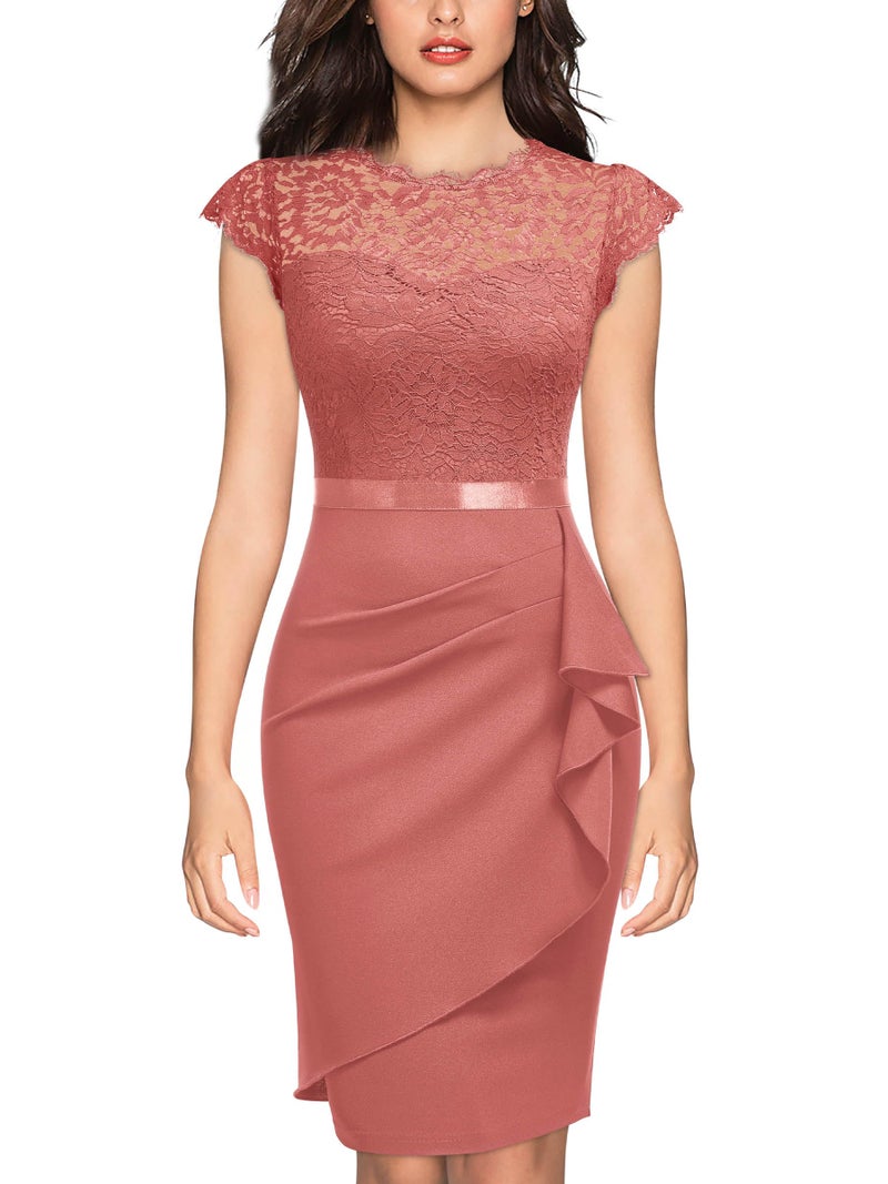 Miusol Women's Elegant Floral Lace Ruffle Design Cap Sleeve Cocktail Party Dress (Medium, Cinnamon Pink) - Image 1