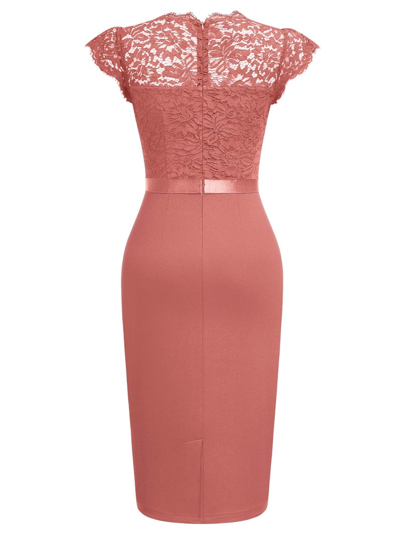 Miusol Women's Elegant Floral Lace Ruffle Design Cap Sleeve Cocktail Party Dress (Medium, Cinnamon Pink) - Image 4