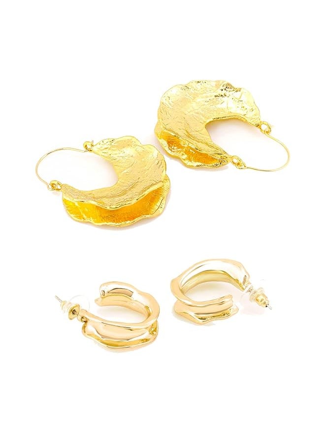YELLOW CHIMES - Gold Plated Geometric Shaped Western Hoop Earrings Combo 2 Pair Set - Image 1