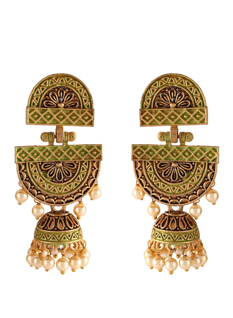 Ishin  Gold-Toned & Green Classic Jhumkas Earrings for Women | Best Price UAE