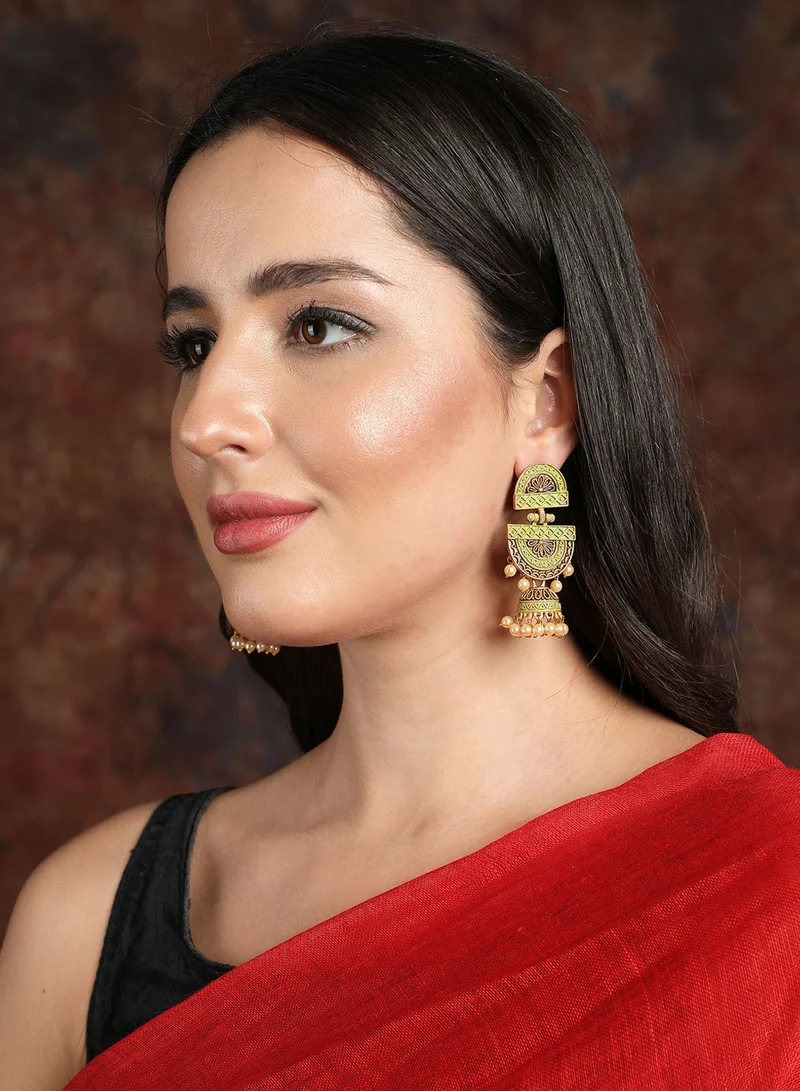 Ishin  Gold-Toned & Green Classic Jhumkas Earrings for Women | Best Price UAE