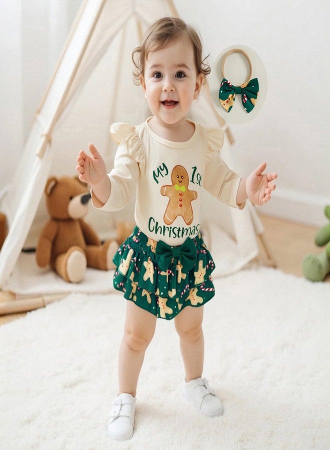 Amnnchya Newborn Baby Girl Halloween Clothes Fall Long Sleeve Romper Shirt Bow Layered Shorts Skirt Thanksgiving Outfit (Green Christmas Outfit, 6-12 Months) - Image 3