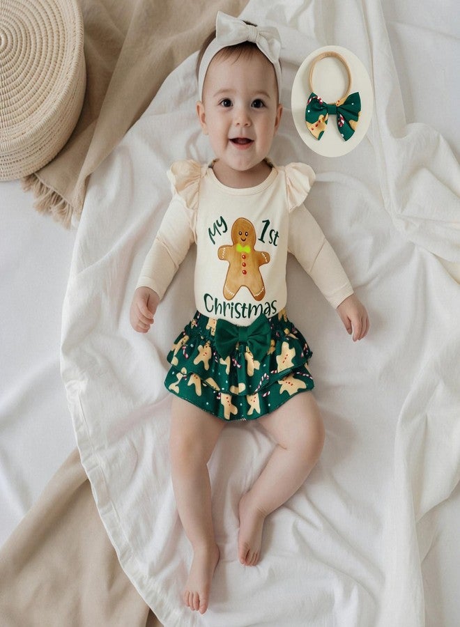 Amnnchya Newborn Baby Girl Halloween Clothes Fall Long Sleeve Romper Shirt Bow Layered Shorts Skirt Thanksgiving Outfit (Green Christmas Outfit, 6-12 Months) - Image 4