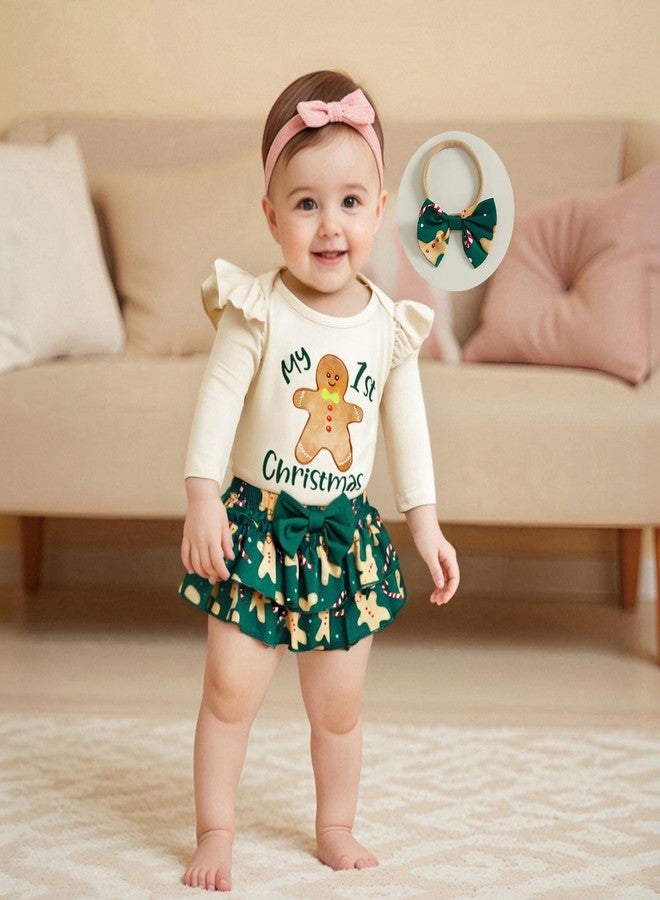 Amnnchya Newborn Baby Girl Halloween Clothes Fall Long Sleeve Romper Shirt Bow Layered Shorts Skirt Thanksgiving Outfit (Green Christmas Outfit, 6-12 Months) - Image 2