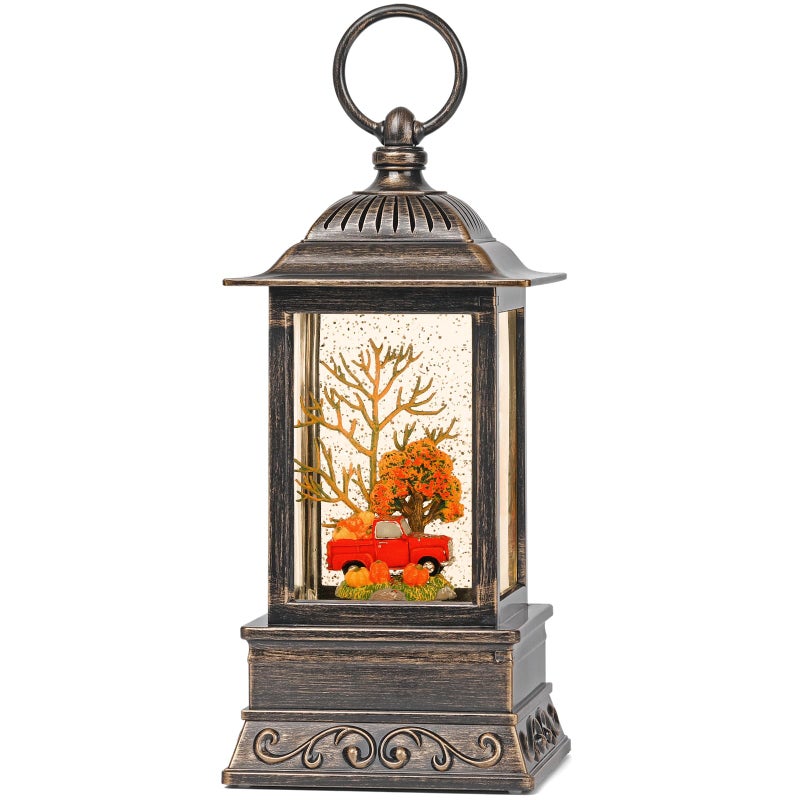 Eyrosa Red Truck Snow Globe Fall Decorations for Home, Thanksgiving Glittering Lighted Lantern Autumn Harvest Decor - Image 1