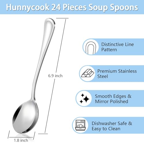 Hunnycook 24Piece Soup Spoons Round Spoon 69 Inch Stainless Steel Korean Spoons for Soup Cereal Dessert Dishwasher Safe Line Pattern - Image 3