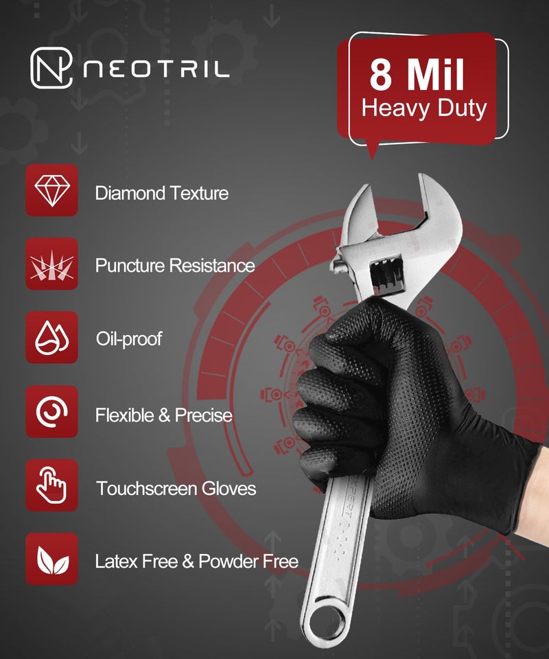 NEOTRIL قفازات نيتريل القابلة للتصرف بسمك 8 مل الثقيلة مع قبضة مطاطية بنمط الماس، خالية من اللاتكس والبودرة، قفازات ميكانيكية لتنظيف المنزل، سوداء | 50 قطعة - Image 2