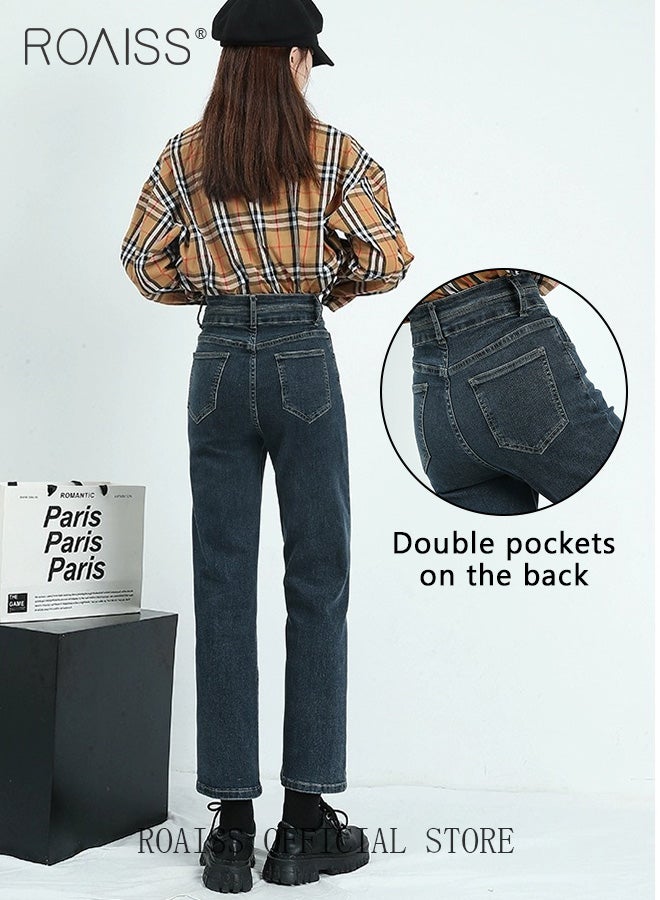 رويس نسائية عالية الخصر سراويل مستقيمة فضفاضة للنساء جينز متعدد الاستخدامات بلون واحد تصميم عالي الخصر سراويل تنحيف نسائية مقصوصة - Image 5