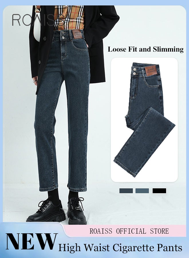 رويس نسائية عالية الخصر سراويل مستقيمة فضفاضة للنساء جينز متعدد الاستخدامات بلون واحد تصميم عالي الخصر سراويل تنحيف نسائية مقصوصة - Image 1