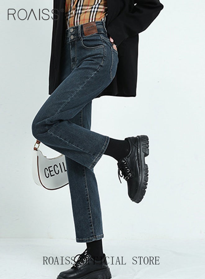 رويس نسائية عالية الخصر سراويل مستقيمة فضفاضة للنساء جينز متعدد الاستخدامات بلون واحد تصميم عالي الخصر سراويل تنحيف نسائية مقصوصة - Image 3