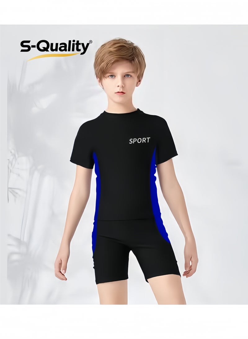 S-Quality 2 Piece Boys Swimsuit Swimming Trunks Set Toddler Kids Training Quick Dry Swimwear Children Short Sleeves Clothing Beachwear Split Bathing Suit for Summer Black - Image 1