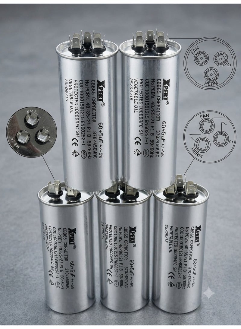 Xpert 60+5 uF Dual Run Capacitor for AC & Refrigeration (Set of 5 Pcs) – 450V AC, Heavy Duty - Image 2