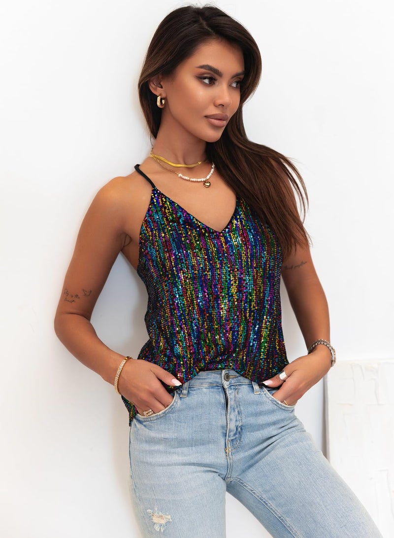 miduo Womens Tanks Tops Fashion Sparkle Sequin Tops V Neck Halter Camisole Shirts Sequin Glitter Sleeveless Blouses Tops Tanks Tops Multicolor M - Image 3