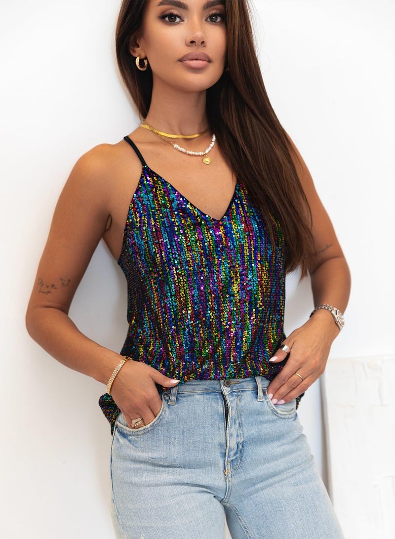 miduo Womens Tanks Tops Fashion Sparkle Sequin Tops V Neck Halter Camisole Shirts Sequin Glitter Sleeveless Blouses Tops Tanks Tops Multicolor M - Image 2