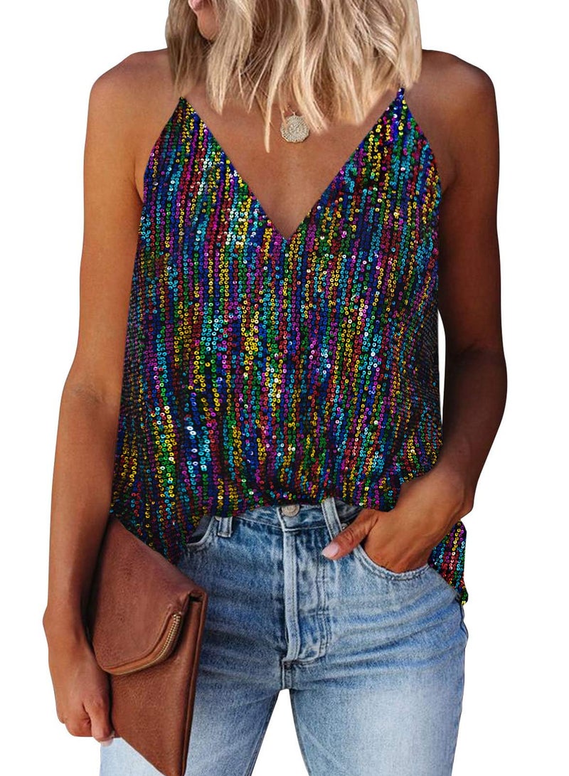 miduo Womens Tanks Tops Fashion Sparkle Sequin Tops V Neck Halter Camisole Shirts Sequin Glitter Sleeveless Blouses Tops Tanks Tops Multicolor M - Image 1